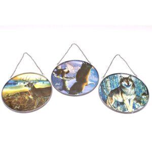 Al Agnew Wildlife Suncatchers Deer Eagle Wolf Round Metal Framed Home Decor Vtg